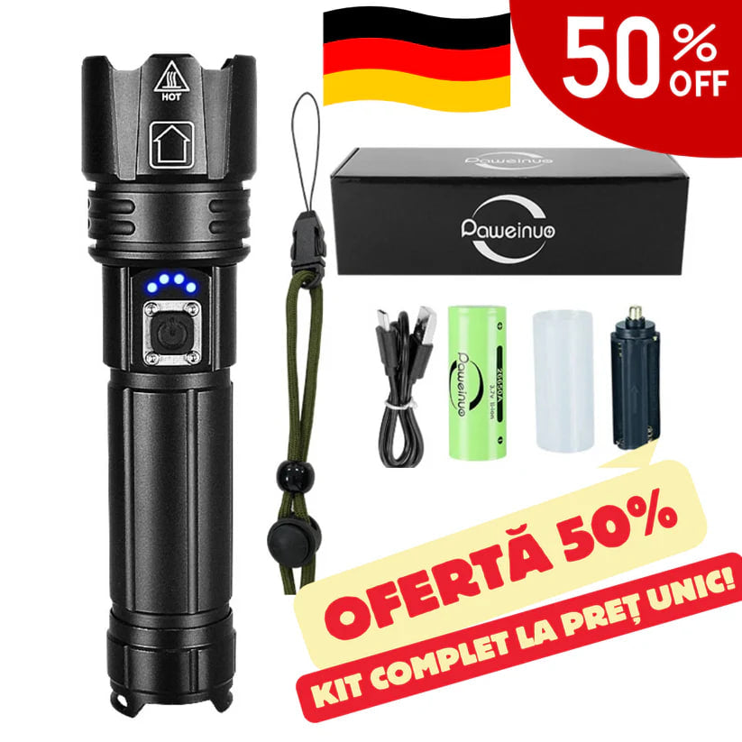 Set Lanternă Tactică cu Laser GERMANĂ + Cutie + Baterie Extra Gratuită – TitanLux™